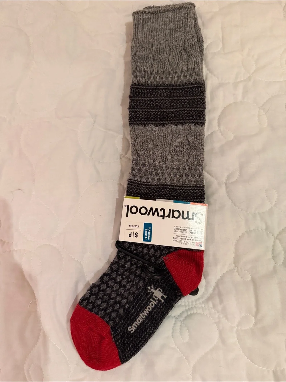 NWT Smartwool Popcorn Cable Knee High Socks Small Gray Red Merino Wool Cozy